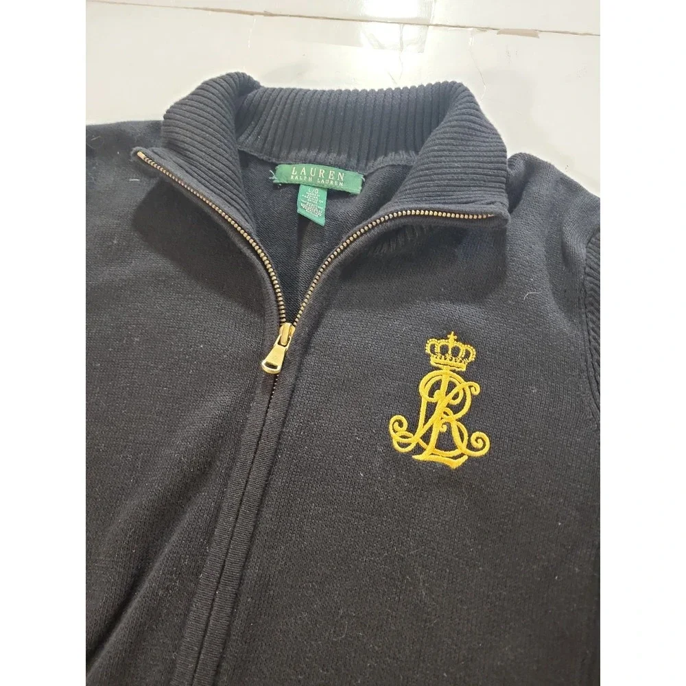 Lauren Ralph Lauren Full Zip Sweater Womens Large Black Gold Crest Crown‎ Mock